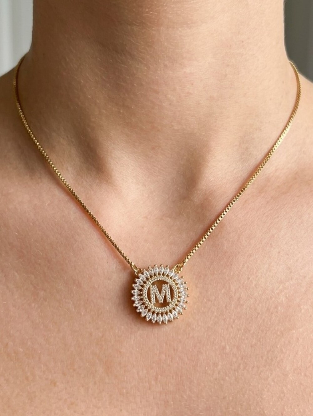 Gold Initial M Pendant Necklace with Crystal Halo